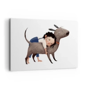 Cuadro sobre lienzo - Impresión de Imagen - Ilustración de estilo de dibujos animados de un niño abrazando a un perro. - 120x80cm - Mejores amigos - Decoración de pared moderna para salón y dormitorio ARTTOR