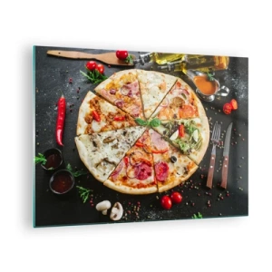 Cuadro sobre vidrio - Impresiones sobre Vidrio - Pizza de varios sabores con aderezos sobre un fondo oscuro. - 70x50cm - Una gama de gustos - Decoración de pared moderna para salón y dormitorio ARTTOR