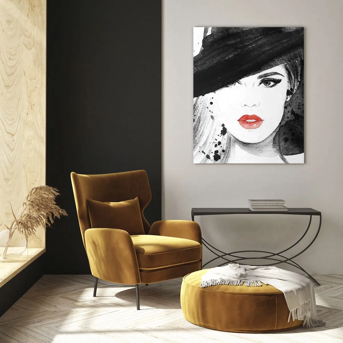 Cuadro sobre vidrio - Impresiones sobre Vidrio - Retrato de una mujer con sombrero negro y labios rojos. - 50x70cm - Dama de negro - Decoración de pared moderna para salón y dormitorio ARTTOR