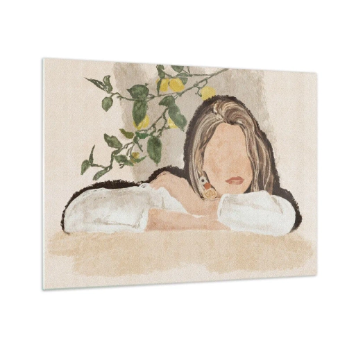 Cuadro sobre vidrio - Impresiones sobre Vidrio - Una mujer apoyada en una mesa entre las ramas de un limonero, con el rostro sin rasgos distintivos. - 70x50cm - La belleza del sur - Decoración de pared moderna para salón y dormitorio ARTTOR