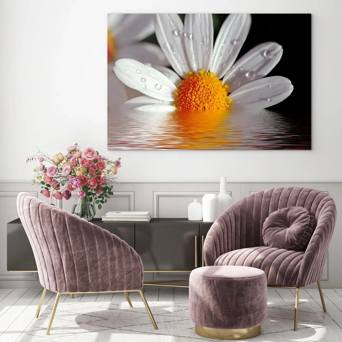 Cuadro sobre vidrio - Impresiones sobre Vidrio - Una margarita con gotas de agua reflejadas en el agua. - 100x70cm - El sol naciente de una margarita - Decoración de pared moderna para salón y dormitorio ARTTOR