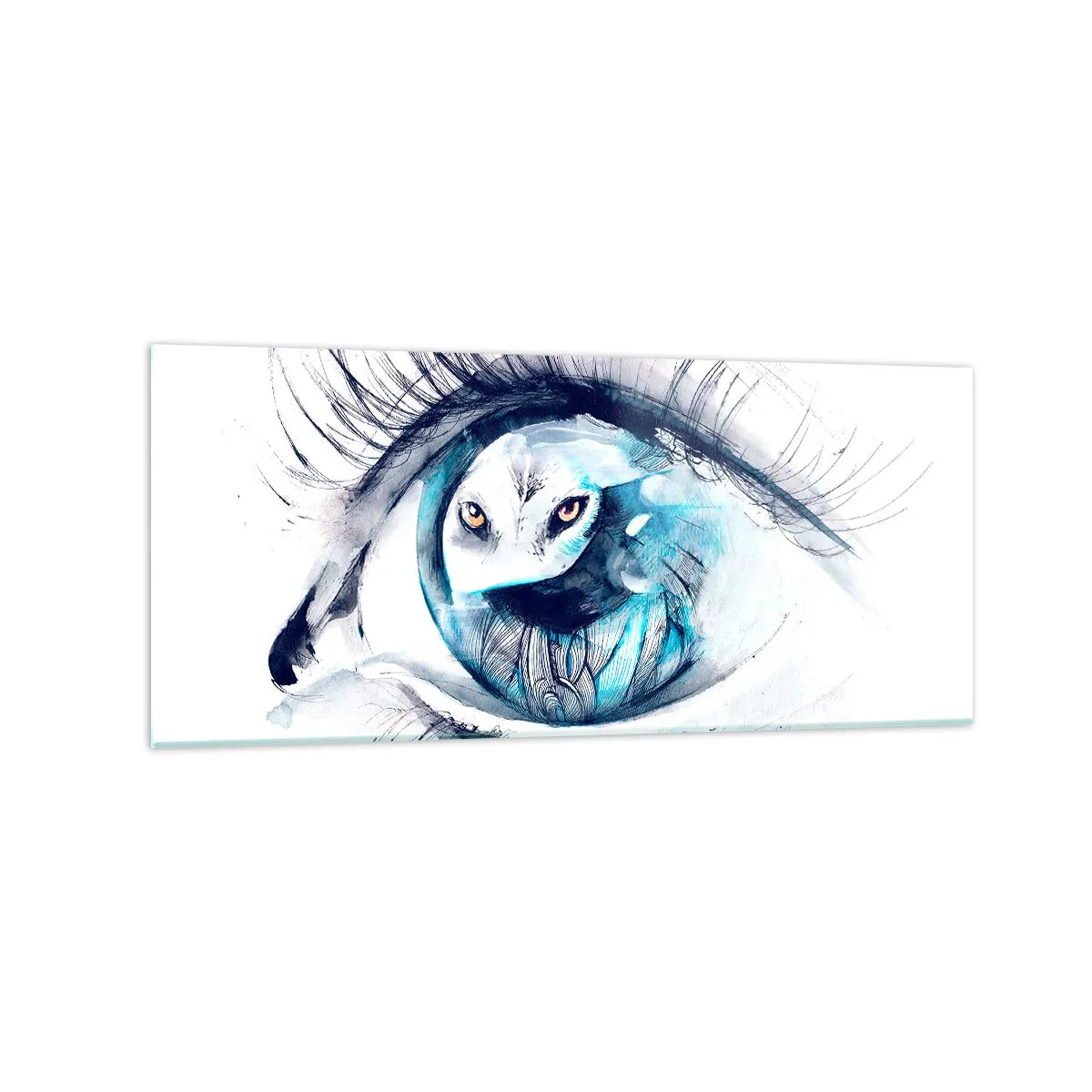Cuadro sobre vidrio - Impresiones sobre Vidrio - Un ojo con la imagen de un búho en tonos de acuarela azul. - 120x50cm - Ojo con la naturaleza - Decoración de pared moderna para salón y dormitorio ARTTOR