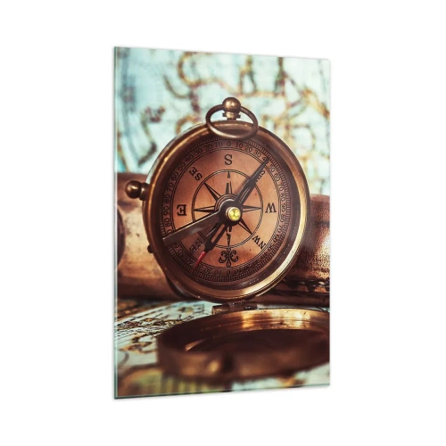 Cuadro sobre vidrio - Impresiones sobre Vidrio - Un conjunto retro con brújula, telescopio y mapa con temática de viajes. - 80x120cm - Te espera una aventura pirata en el Caribe - Decoración de pared moderna para salón y dormitorio ARTTOR