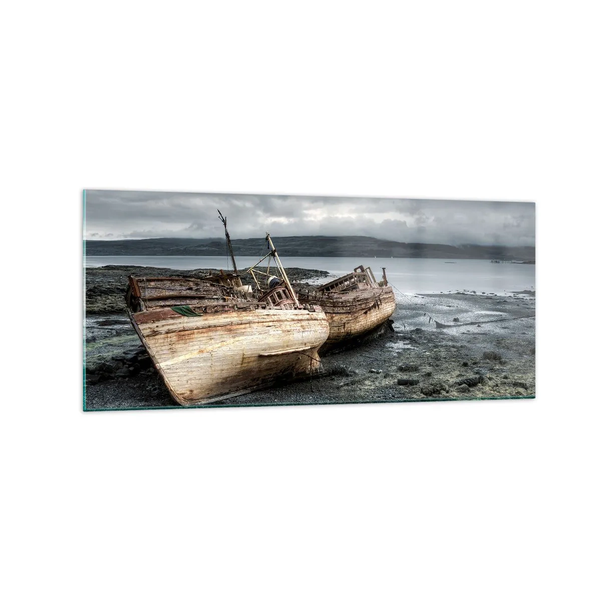 Cuadro sobre vidrio - Impresiones sobre Vidrio - Barcos abandonados en la orilla en una escena lluviosa - 120x50cm - Muestra de un trabajo dignamente realizado - Decoración de pared moderna para salón y dormitorio ARTTOR