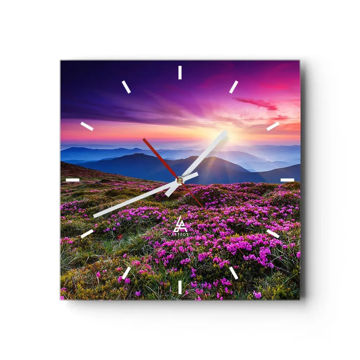 Reloj de pared - Reloj de vidrio - Prado de montaña con flores al atardecer - 30x30cm - Dulce aroma a frescura - Decoración de pared moderna para salón y dormitorio ARTTOR