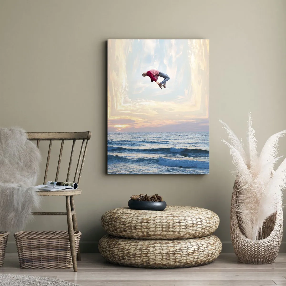 Cuadro sobre lienzo - Impresión de Imagen - Salto surrealista sobre el mar en el marco. - 80x120cm - A otra dimensión - Decoración de pared moderna para salón y dormitorio ARTTOR