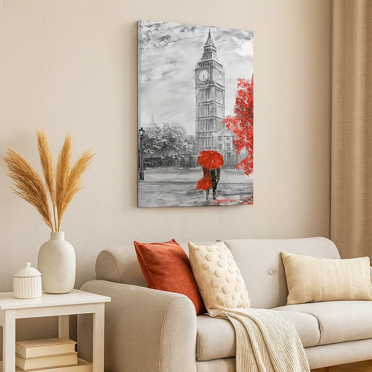 Cuadro sobre lienzo - Impresión de Imagen - Vista icónica de Londres con el Big Ben, un autobús rojo y un paraguas. - 50x70cm - Un día emocionante - Decoración de pared moderna para salón y dormitorio ARTTOR