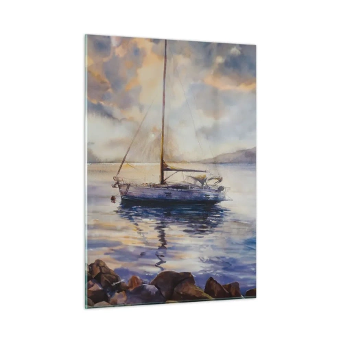 Cuadro sobre vidrio - Impresiones sobre Vidrio - Un yate amarrado en una bahía tranquila al anochecer. - 50x70cm - Atardecer en la bahía - Decoración de pared moderna para salón y dormitorio ARTTOR