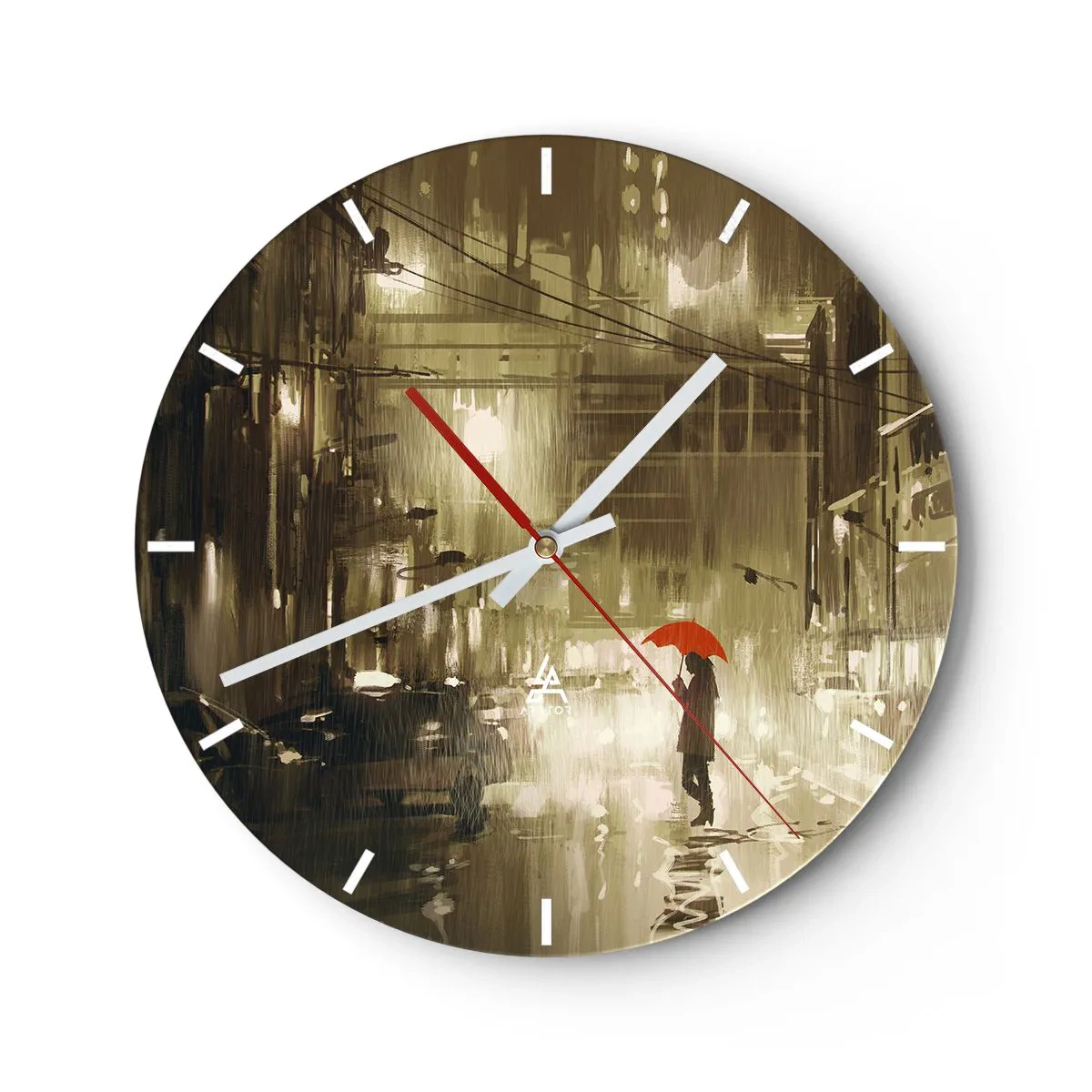 Reloj de pared - Reloj de vidrio - Una figura con un paraguas rojo en una calle mojada. - 30x30cm - Soledad en la urbe - Decoración de pared moderna para salón, cocina y dormitorio ARTTOR