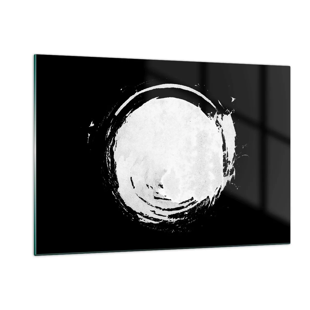 Cuadro sobre vidrio - Impresiones sobre Vidrio - Círculo abstracto blanco sobre fondo negro - 120x80cm - La buena salida - Decoración de pared moderna para salón y dormitorio ARTTOR