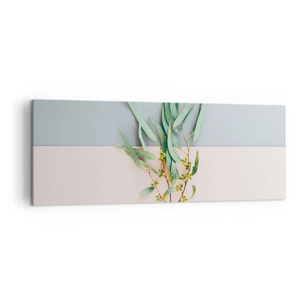 Cuadro sobre lienzo - Impresión de Imagen - Una rama con hojas sobre un fondo de tonos pastel. - 140x50cm - La sutileza del pastel - Decoración de pared moderna para salón y dormitorio ARTTOR