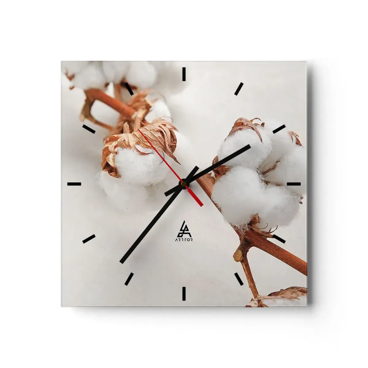 Reloj de pared - Reloj de vidrio - Una ramita de algodón sobre un fondo sutil. - 30x30cm - Un suave tacto - Decoración de pared moderna para salón y dormitorio ARTTOR