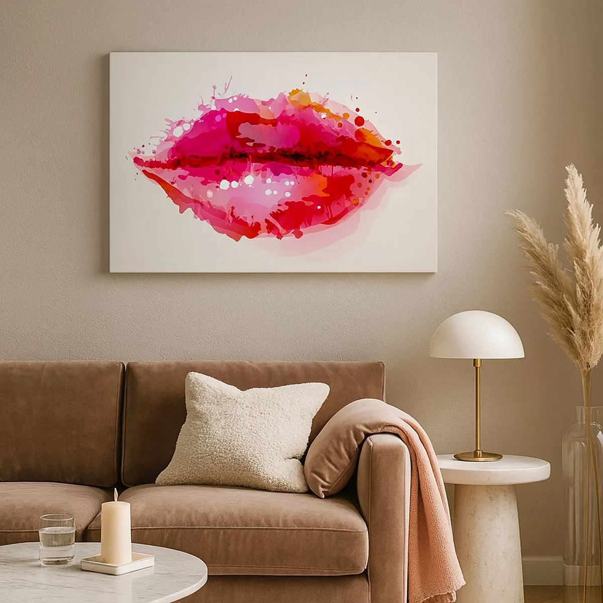 Cuadro sobre lienzo - Impresión de Imagen - Motivo abstracto de labios en tonos rosa y rojo. - 70x50cm - Un tono más rojo - Decoración de pared moderna para salón y dormitorio ARTTOR