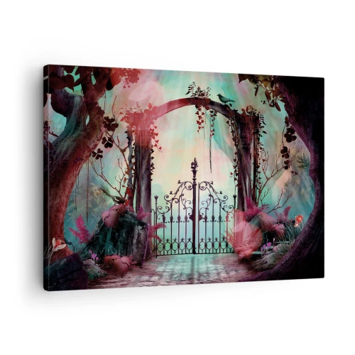 Cuadro sobre lienzo - Impresión de Imagen - Una entrada mágica con una puerta de hierro forjado rodeada de vegetación misteriosa. - 70x50cm - Jardín secreto - Decoración de pared moderna para salón y dormitorio ARTTOR