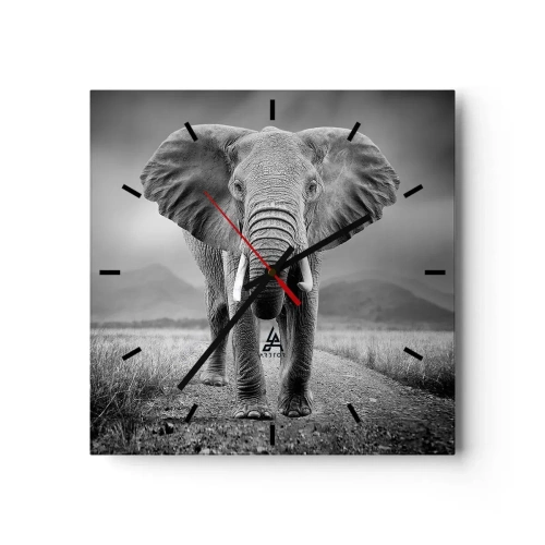 Reloj de pared - Reloj de vidrio - Un poderoso elefante en la sabana en tonos monocromáticos. - 30x30cm - El anfitrión da la bienvenida - Decoración de pared moderna para salón y dormitorio ARTTOR