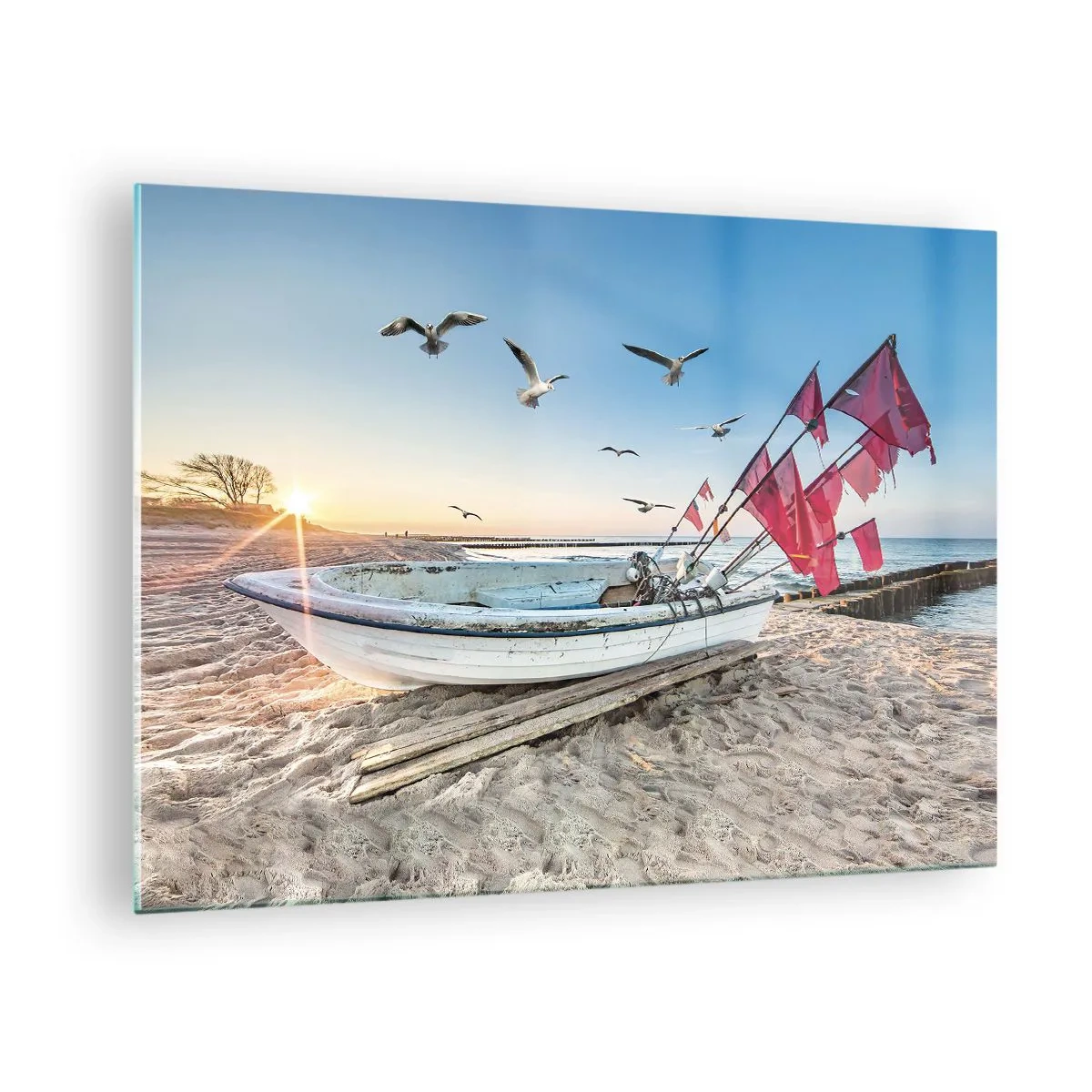 Cuadro sobre vidrio - Impresiones sobre Vidrio - Barco de pesca en la playa al amanecer - 70x50cm - Un merecido descanso - Decoración de pared moderna para salón y dormitorio ARTTOR