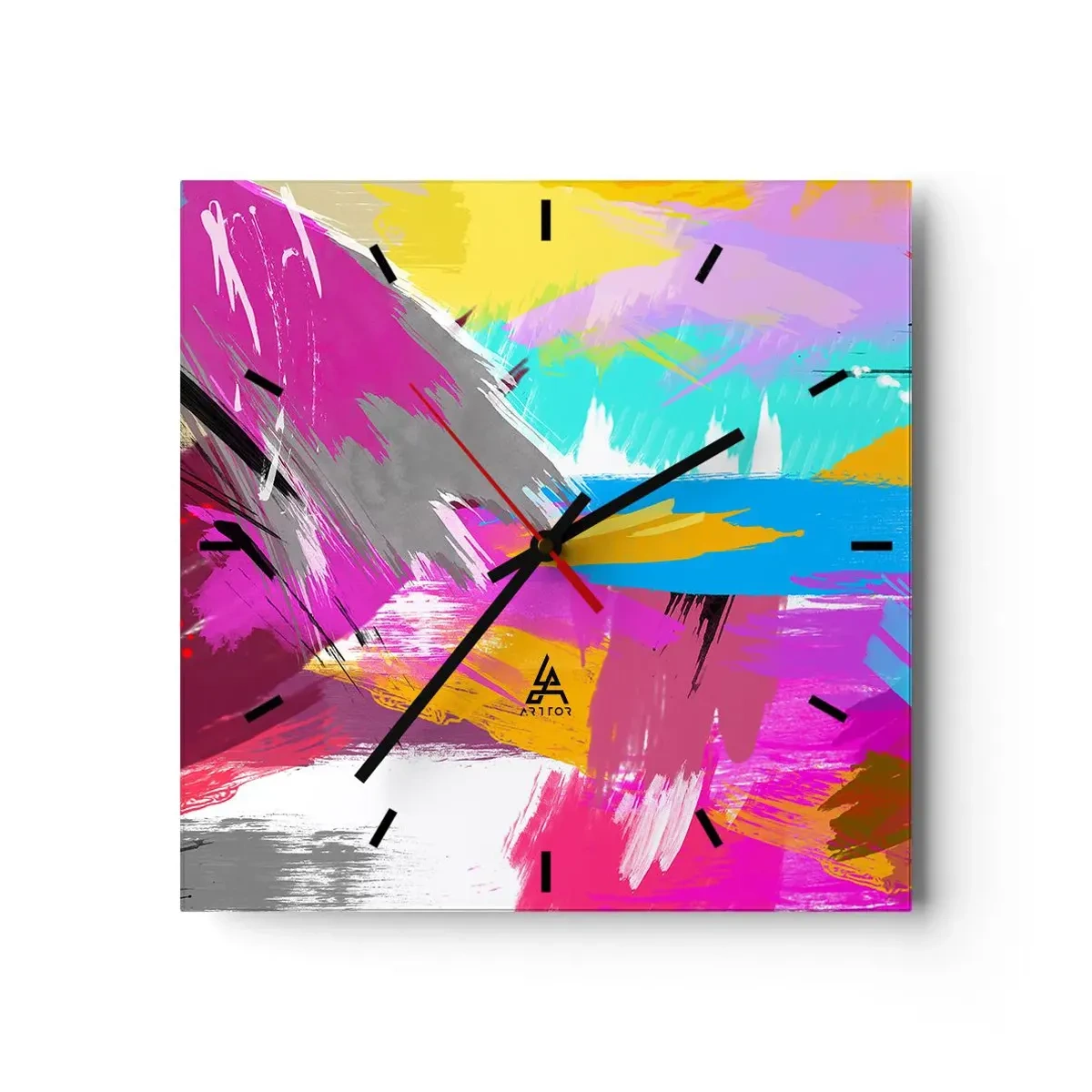 Reloj de pared - Reloj de vidrio - Abstracción dinámica en colores intensos - 30x30cm - Abstracción colorida - Decoración de pared moderna para salón y dormitorio ARTTOR