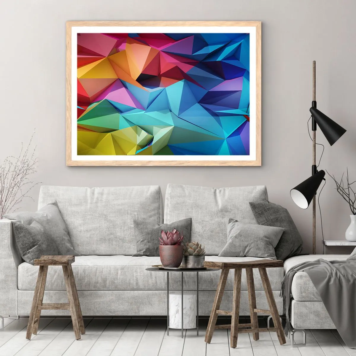 Póster en marco roble claro - Origami arco iris - 91x61 cm
