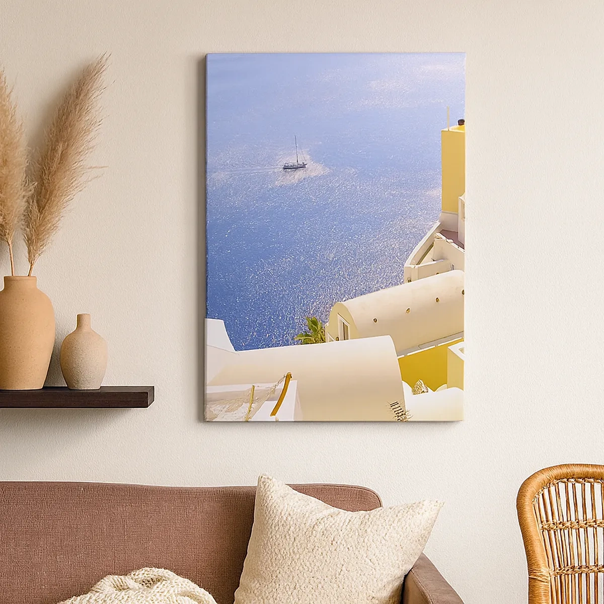 Cuadro sobre lienzo - Impresión de Imagen - Arquitectura griega con vistas al mar y un barco al fondo. - 50x70cm - Paisaje griego en blanco y azul - Decoración de pared moderna para salón y dormitorio ARTTOR