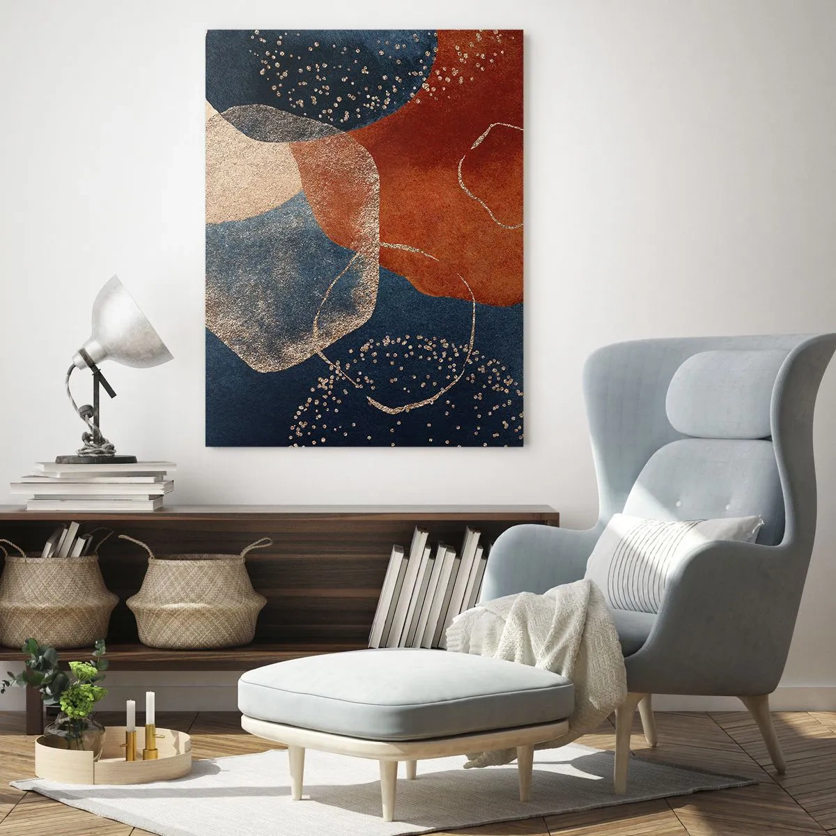 Cuadro sobre vidrio - Impresiones sobre Vidrio - Formas abstractas en tonos azul marino y cobre. - 50x70cm - La ligereza del ser - Decoración de pared moderna para salón y dormitorio ARTTOR