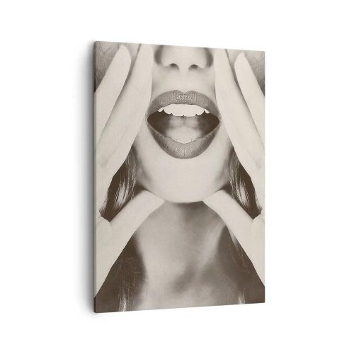Cuadro sobre lienzo - Impresión de Imagen - Retrato en blanco y negro de una mujer con labios y manos expresivos. - 50x70cm - ¡Ya estoy en camino! - Decoración de pared moderna para salón y dormitorio ARTTOR