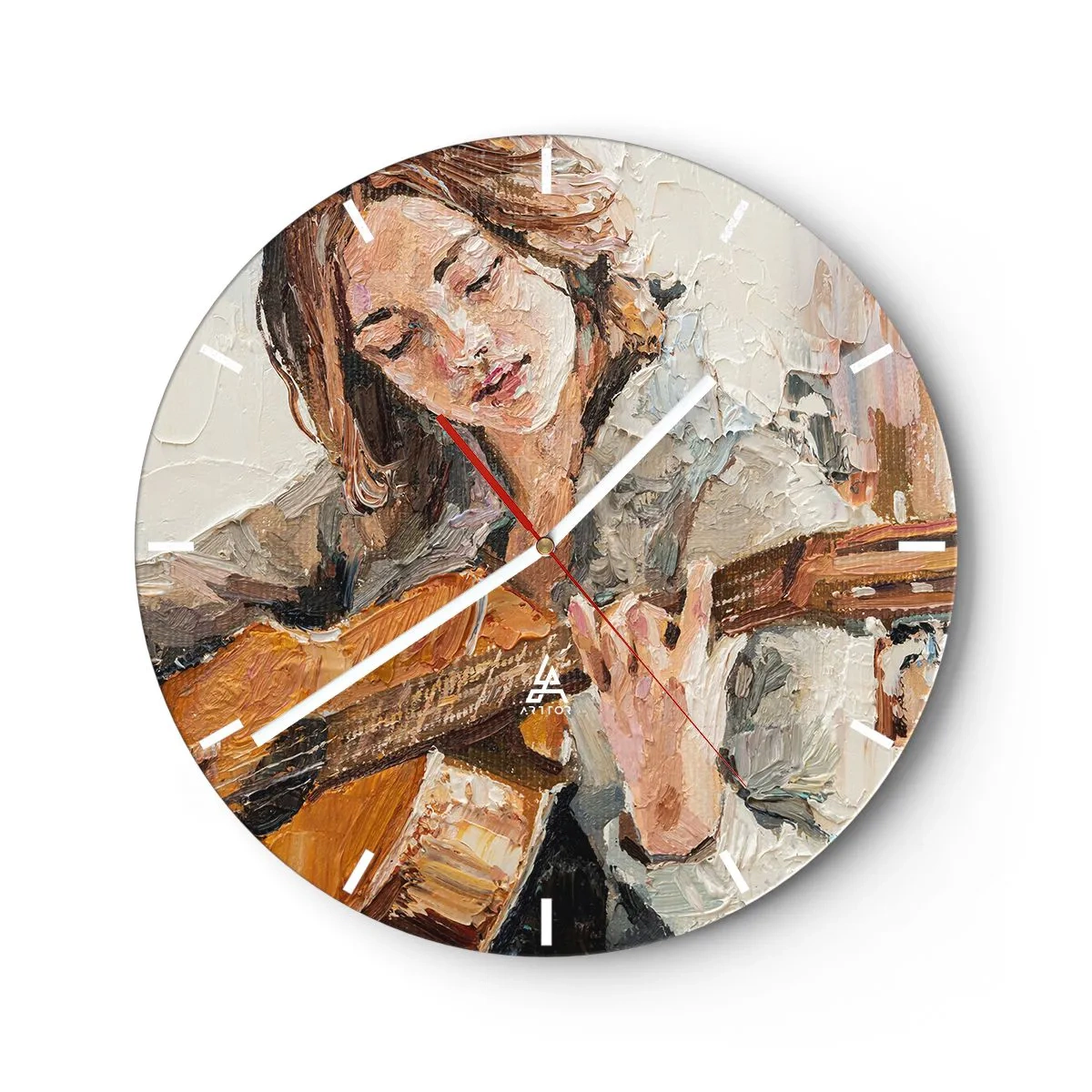 Reloj de pared - Reloj de vidrio - Retrato de una mujer tocando la guitarra en estilo pictórico. - 30x30cm - Concierto de guitarra y corazón joven - Decoración de pared moderna para salón, cocina y dormitorio ARTTOR
