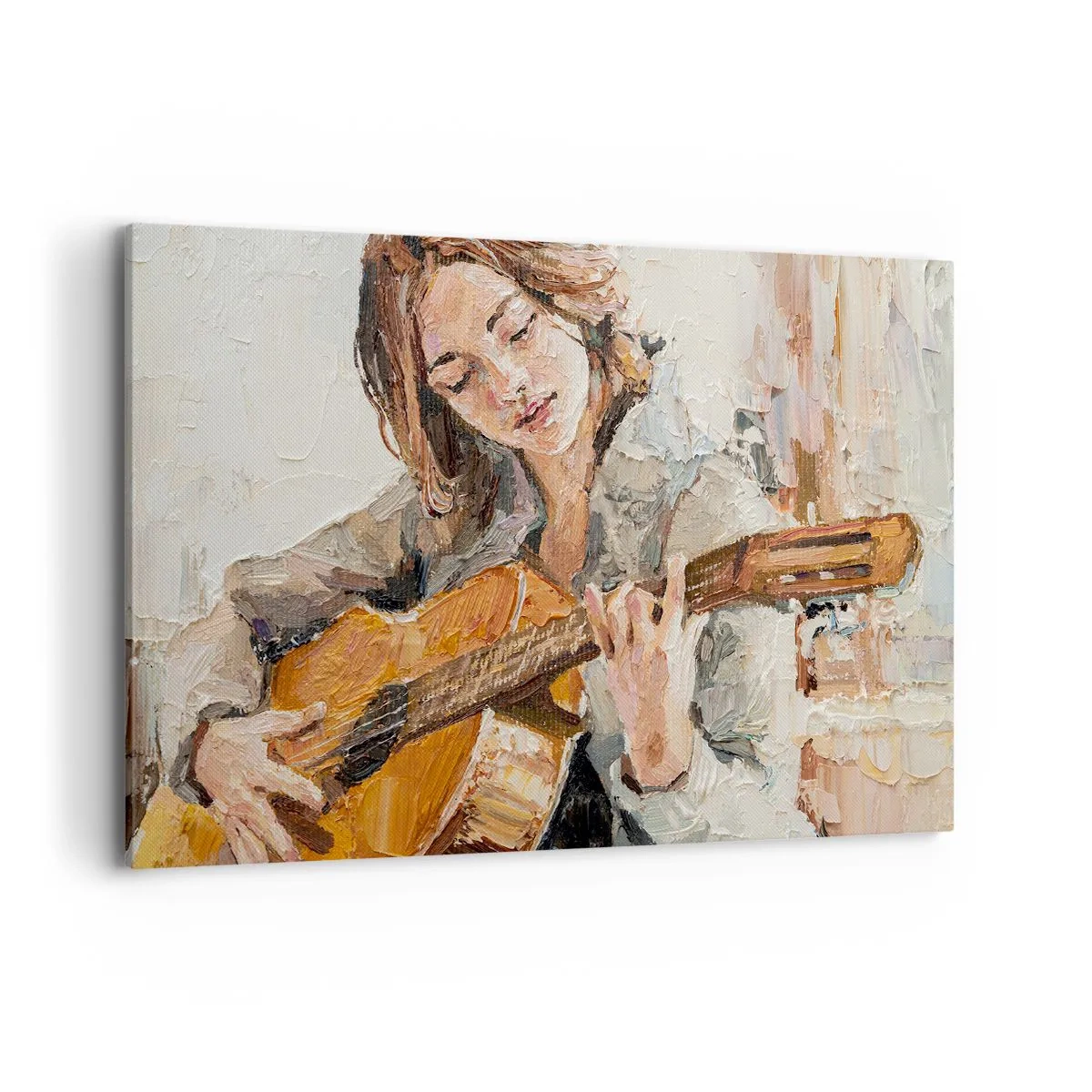 Cuadro sobre lienzo - Impresión de Imagen - Retrato de una niña tocando la guitarra en estilo pictórico con colores cálidos. - 120x80cm - Concierto de guitarra y corazón joven - Decoración de pared moderna para salón y dormitorio ARTTOR