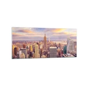 Cuadro sobre vidrio - Impresiones sobre Vidrio - Panorama de una ciudad moderna con rascacielos al atardecer - 120x50cm - Alcanzar las nubes - Decoración de pared moderna para salón y dormitorio ARTTOR