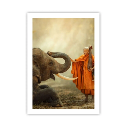 Póster - Un monje con una túnica naranja con un elefante al fondo. - 50x70cm - Un encuentro en un viaje - Decoración de pared moderna para salón y dormitorio ARTTOR