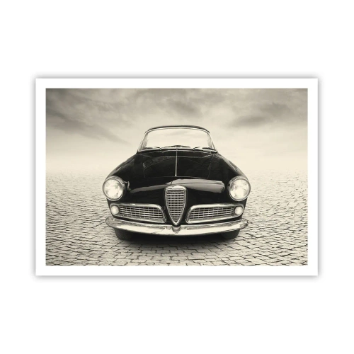 Póster - Un coche clásico en una plaza adoquinada en estilo monocromático. - 100x70cm - ¿Y cómo no quererme? - Decoración de pared moderna para salón y dormitorio ARTTOR