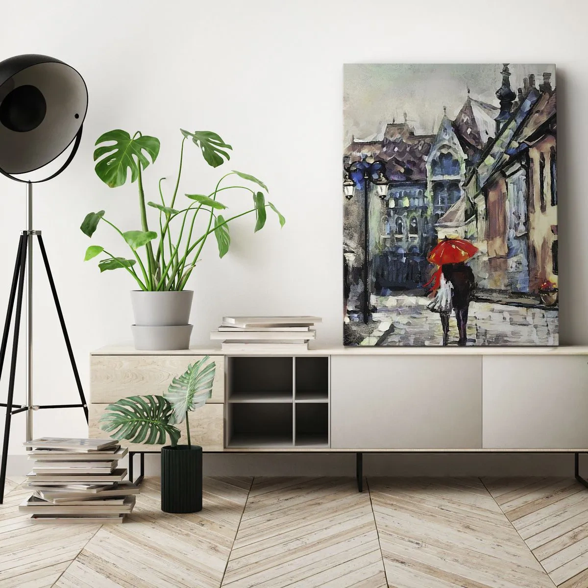 Cuadro sobre lienzo - Impresión de Imagen - Una encantadora calle de la ciudad con una pareja bajo un paraguas rojo. - 50x70cm - Lluvia para dos - Decoración de pared moderna para salón y dormitorio ARTTOR
