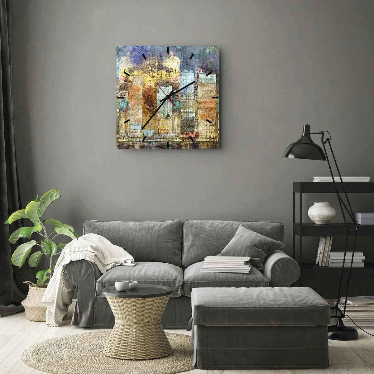 Reloj de pared - Reloj de vidrio - Rascacielos abstractos de estilo industrial - 30x30cm - Metrópolis soleada - Decoración de pared moderna para salón y dormitorio ARTTOR