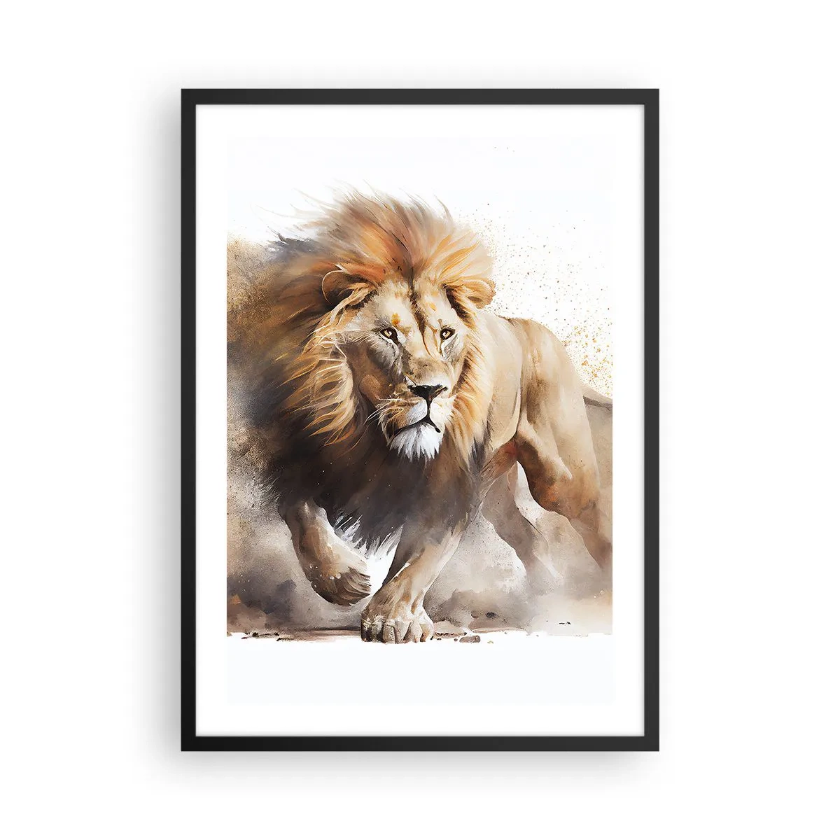 Póster en marco negro - Un león majestuoso en movimiento en un estilo pictórico. - 50x70cm - El rey ha partido - Decoración de pared moderna para salón y dormitorio ARTTOR