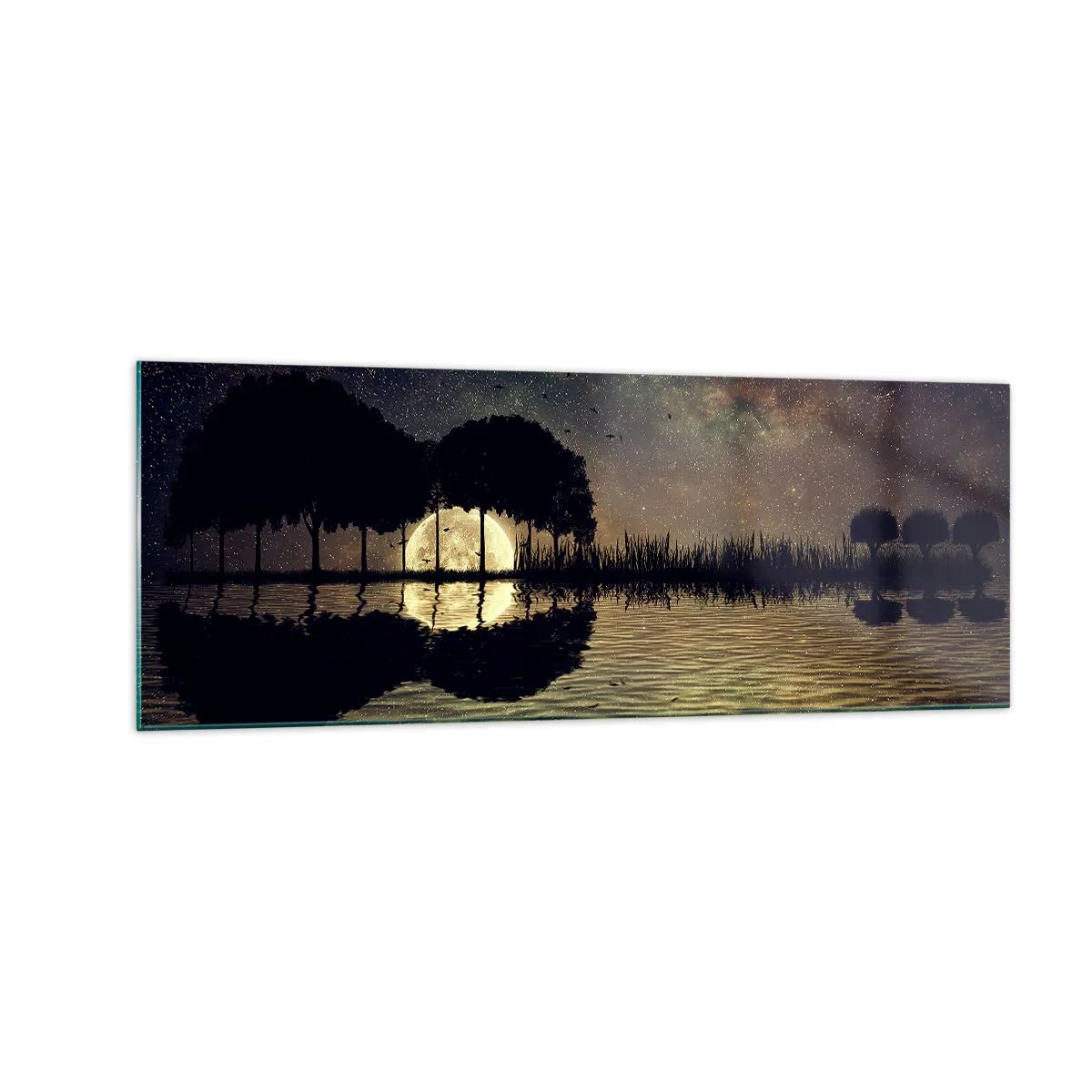 Cuadro sobre vidrio - Impresiones sobre Vidrio - Una noche mágica con árboles y la luna reflejada en el agua. - 140x50cm - Noche en el fin del mundo - Decoración de pared moderna para salón y dormitorio ARTTOR