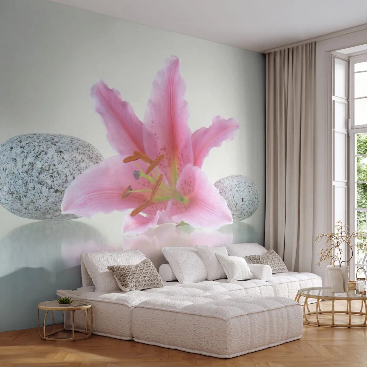 Fotomural Standard Eco - Estudio en rosa, gris y blanco - flores, Lirio, piedras - 150x105 cm