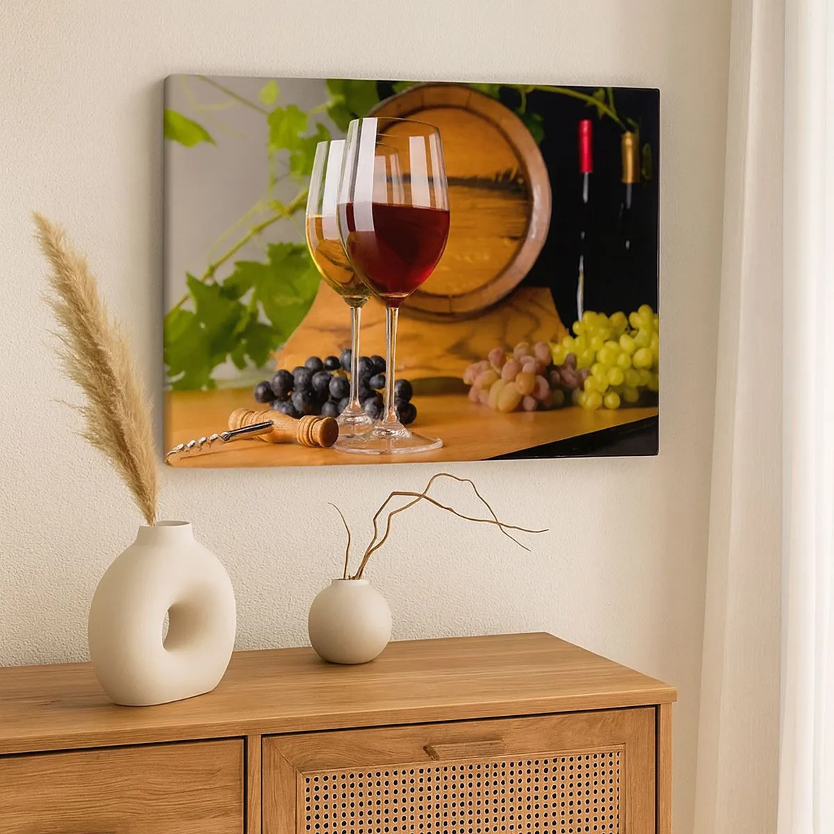 Cuadro sobre lienzo - Impresión de Imagen - Copas de vino con uvas, un barril y botellas sobre una mesa de madera - 70x50cm - Como los antiguos maestros - Decoración de pared moderna para salón y dormitorio ARTTOR