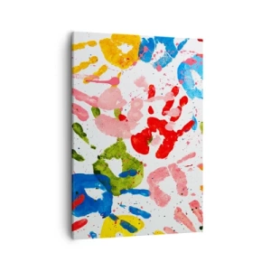 Cuadro sobre lienzo - Impresión de Imagen - Huellas de manos coloridas sobre un fondo blanco - 50x70cm - Juego de manos - Decoración de pared moderna para salón y dormitorio ARTTOR