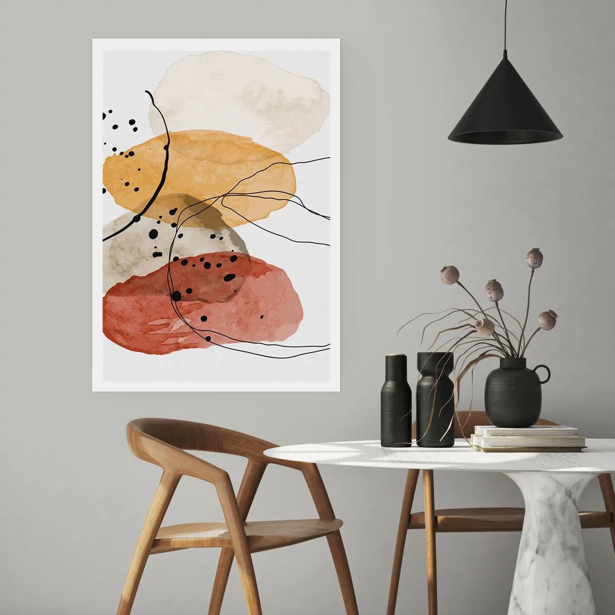 Póster - Formas abstractas en tonos beige, amarillo y rojo. - 50x70cm - Líneas y transparencias - Decoración de pared moderna para salón y dormitorio ARTTOR