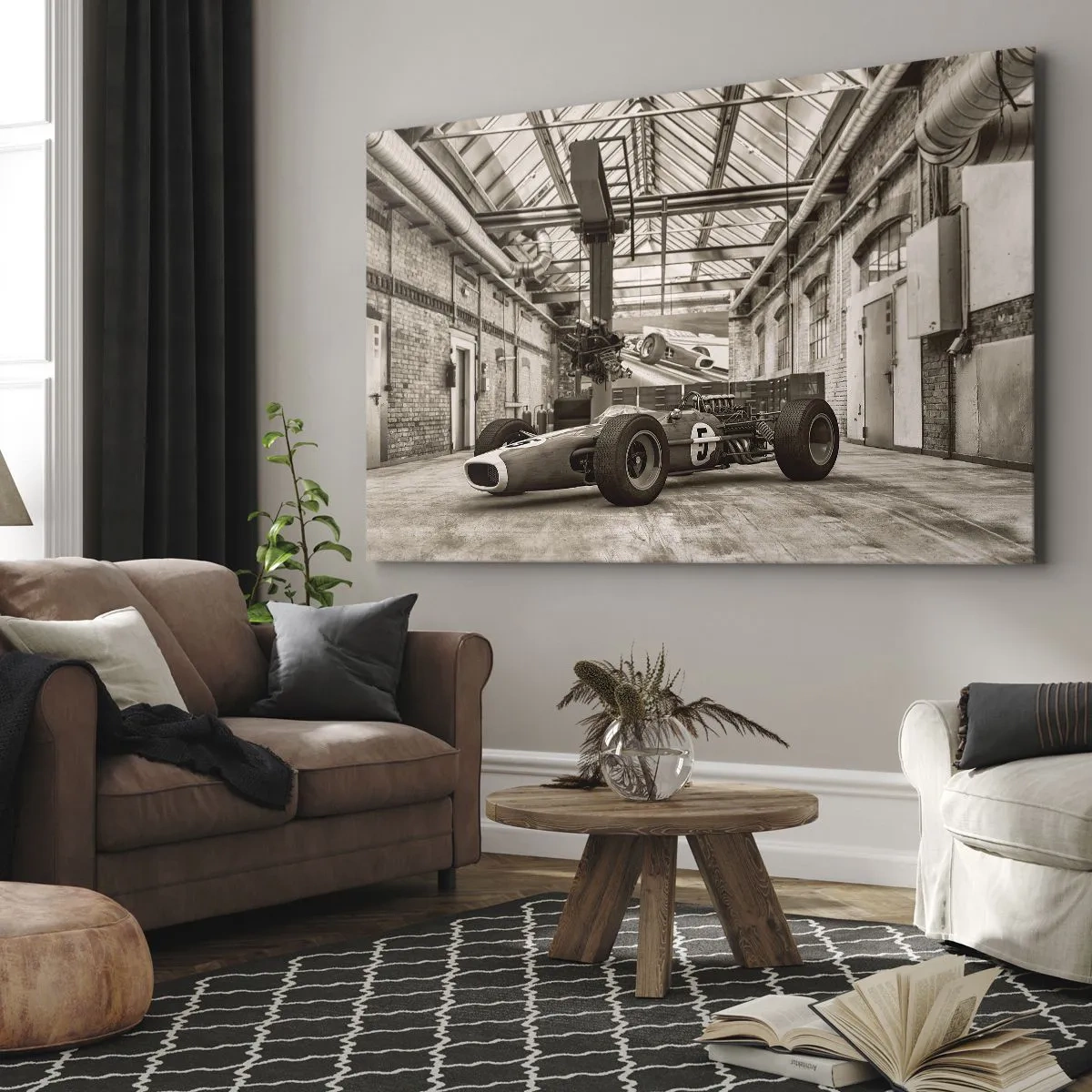 Cuadro sobre lienzo - Impresión de Imagen - Coche de carreras en blanco y negro en un interior industrial. - 120x80cm - El descanso del vencedor - Decoración de pared moderna para salón y dormitorio ARTTOR