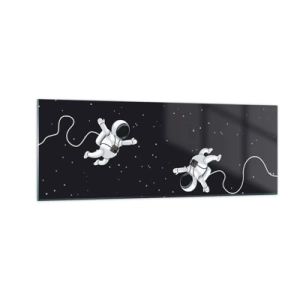 Cuadro sobre vidrio - Impresiones sobre Vidrio - Astronautas flotando en el espacio con un telón de fondo de estrellas. - 140x50cm - Danza cósmica - Decoración de pared moderna para salón y dormitorio ARTTOR