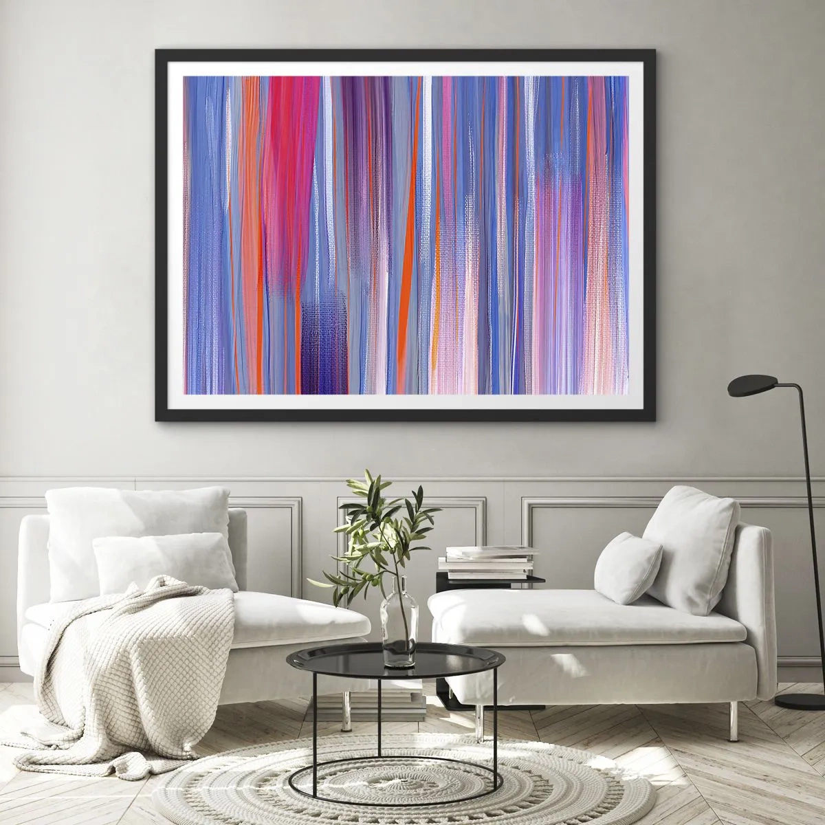 Póster en marco negro - Líneas verticales abstractas en tonos azul y rosa. - 70x50cm - Ascensión - Decoración de pared moderna para salón y dormitorio ARTTOR