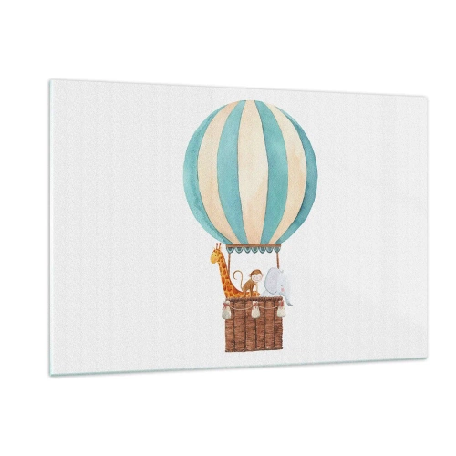 Cuadro sobre vidrio - Impresiones sobre Vidrio - Un globo con una jirafa, un mono y un elefante sobre un fondo blanco. - 120x80cm - Viaje fantástico - Decoración de pared moderna para salón y dormitorio ARTTOR