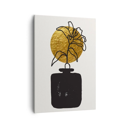 Cuadro sobre lienzo - Impresión de Imagen - Un dibujo de una flor en un jarrón sobre un fondo de círculo dorado. - 50x70cm - Belleza en equilibrio - Decoración de pared moderna para salón y dormitorio ARTTOR