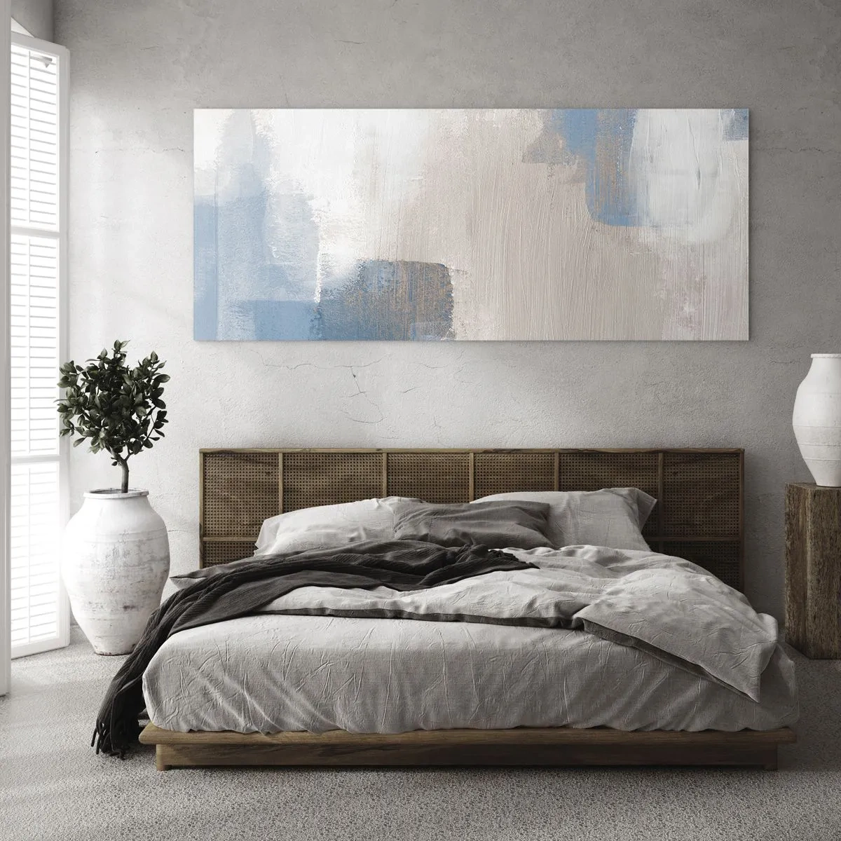 Cuadro sobre vidrio - Impresiones sobre Vidrio - Formas abstractas en tonos azules y beige. - 120x50cm - Abstracción rosa tras un velo azul - Decoración de pared moderna para salón y dormitorio ARTTOR