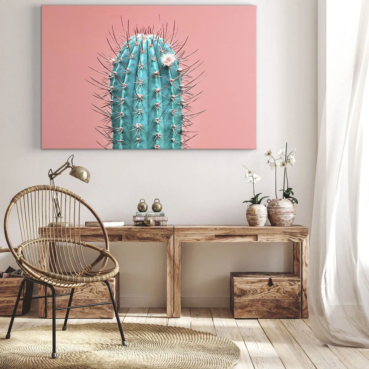 Cuadro sobre lienzo - Impresión de Imagen - Una versión artística de un cactus sobre un fondo rosa. - 70x50cm - Se mira, pero no se toca - Decoración de pared moderna para salón y dormitorio ARTTOR