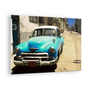 Cuadro sobre vidrio - Impresiones sobre Vidrio - Coche azul antiguo en la calle bajo el sol - 70x50cm - ¡Viva Cuba! - Decoración de pared moderna para salón y dormitorio ARTTOR