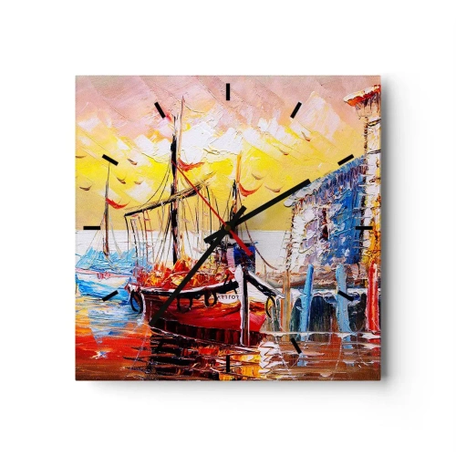 Reloj de pared - Reloj de vidrio - Puerto pintoresco al atardecer con barcos de pesca - 30x30cm - Feliz regreso - Decoración de pared moderna para salón y dormitorio ARTTOR