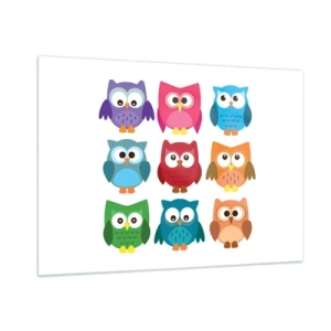 Cuadro sobre vidrio - Impresiones sobre Vidrio - Búhos coloridos en estilo de dibujos animados sobre un fondo blanco. - 100x70cm - Es divertido ser diferente - Decoración de pared moderna para salón y dormitorio ARTTOR
