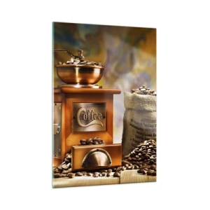 Cuadro sobre vidrio - Impresiones sobre Vidrio - Molinillo de café, granos y una taza sobre una mesa de madera. - 50x70cm - El crujido de los granos, el ruido del molino - Decoración de pared moderna para salón y dormitorio ARTTOR