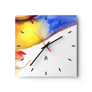 Reloj de pared - Reloj de vidrio - Una pintura de acuarela minimalista del perfil de una mujer con un sombrero colorido. - 30x30cm - Retrato de una dama    - Decoración de pared moderna para salón y dormitorio ARTTOR